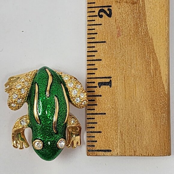 Vintage Green Enamel Rhinestone Frog Pin Signed Roman Gold Tone 1.25" - Picture 6 of 6